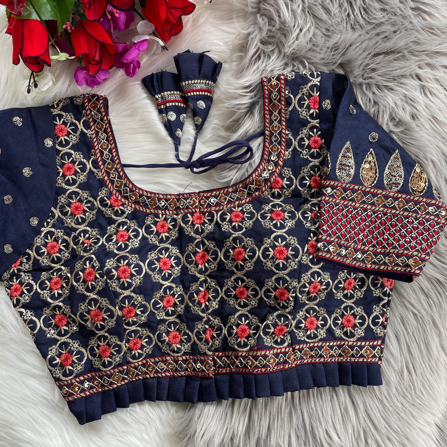 Bridal Blouse in Heavy Pure Soft Cobra Silk with Sequins Embroidery and Latkan Detailing