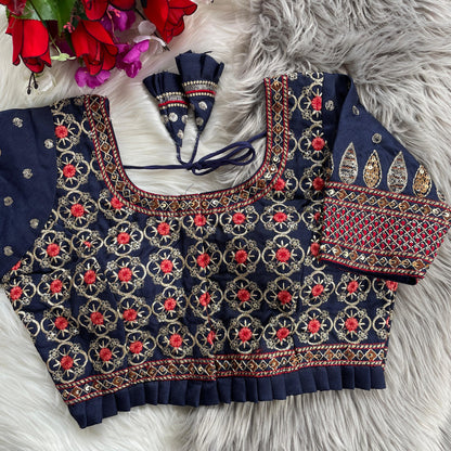 Bridal Blouse in Heavy Pure Soft Cobra Silk with Sequins Embroidery and Latkan Detailing