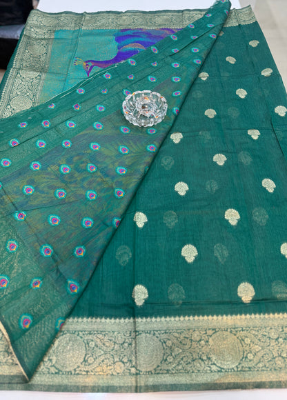 Modal silk saree with woven buttas and peacock pallu for women