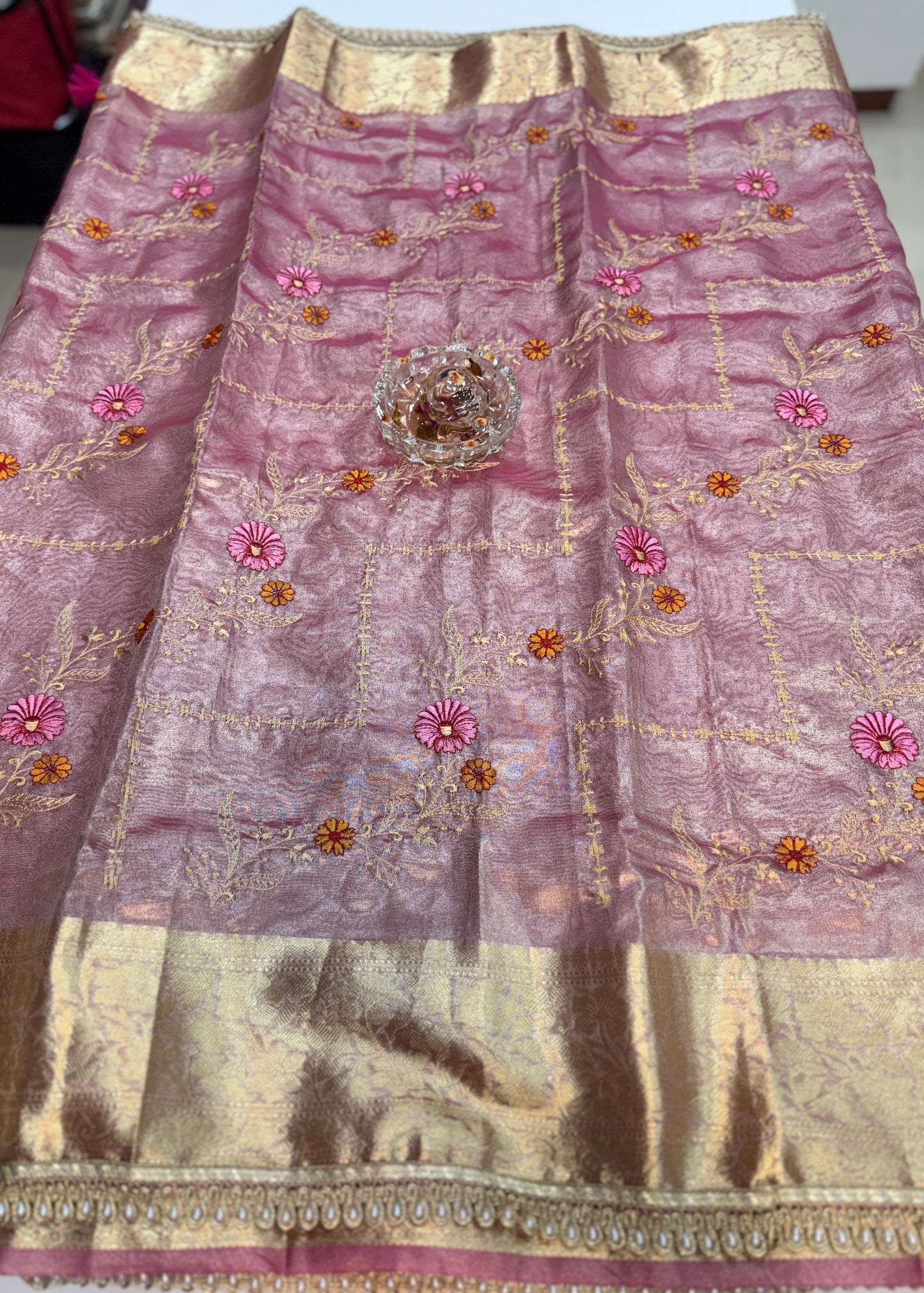 Banarasi Glass Tissue Saree for Women with Meenakari Embroidery, Gold Zari Border, Pearl Lace Handwork and Tassel Pallu