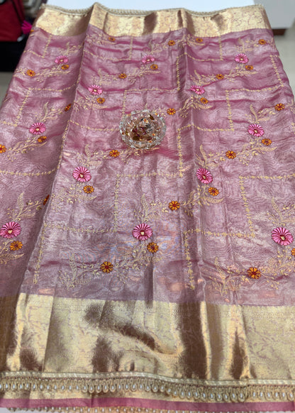 Banarasi Glass Tissue Saree for Women with Meenakari Embroidery, Gold Zari Border, Pearl Lace Handwork and Tassel Pallu