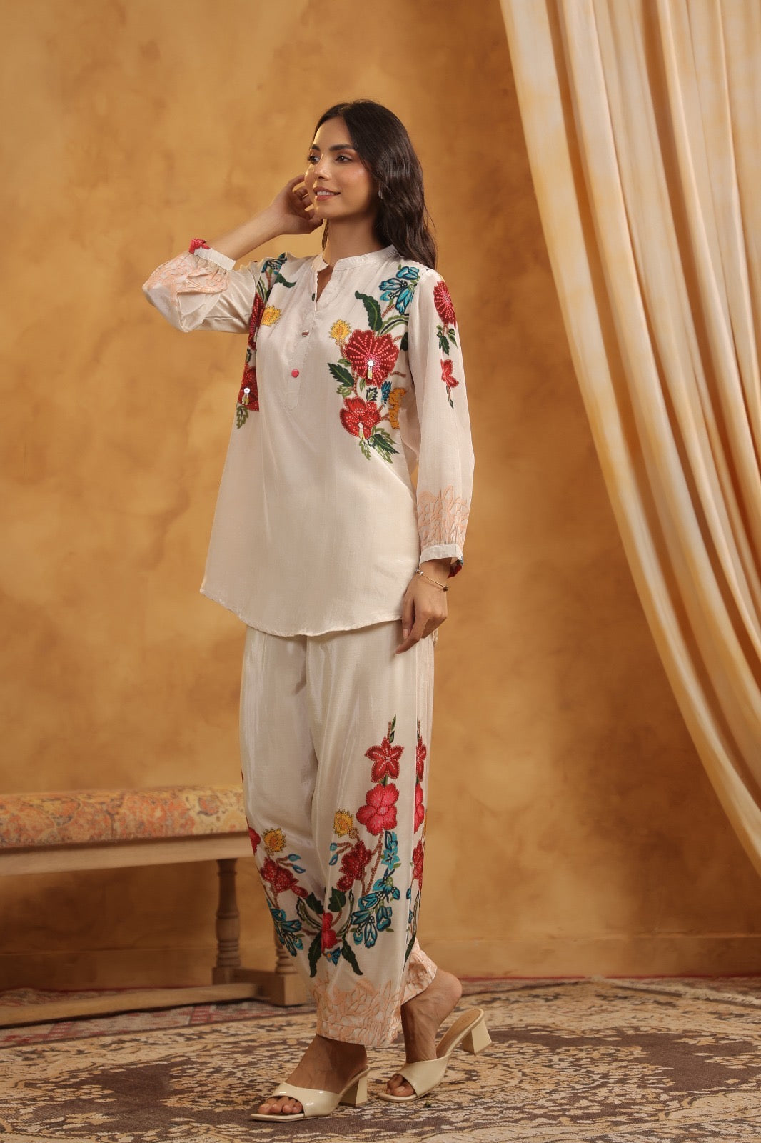 Premium Crepe Co-Ord Set with Floral Placement Print, Button and Tassel Detailing – Ethnic Wear for Women (38 to 44)