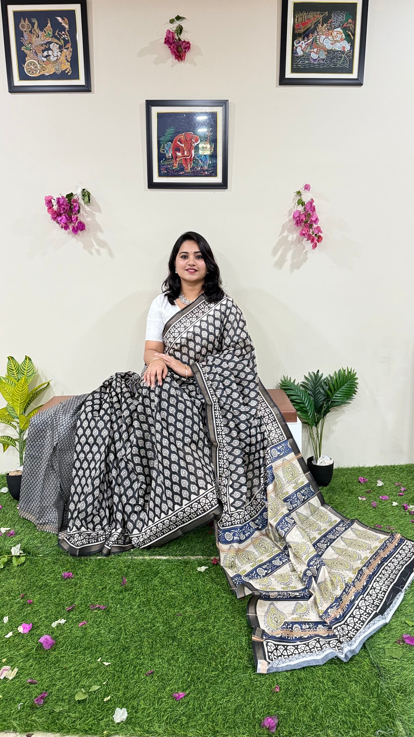 Soft Chanderi Silk Saree with Gold Zari Border and Digital Print – Traditional Wear Saree for Women