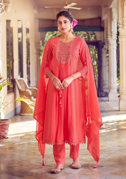 Women’s Georgette Embroidered Suit Set with Mirror Work Neck and Lace Border Pant – L to 3XL