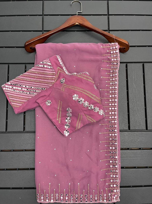 Women’s Pure Georgette Saree with Embroidery and Real Mirror Work, Matching Blouse