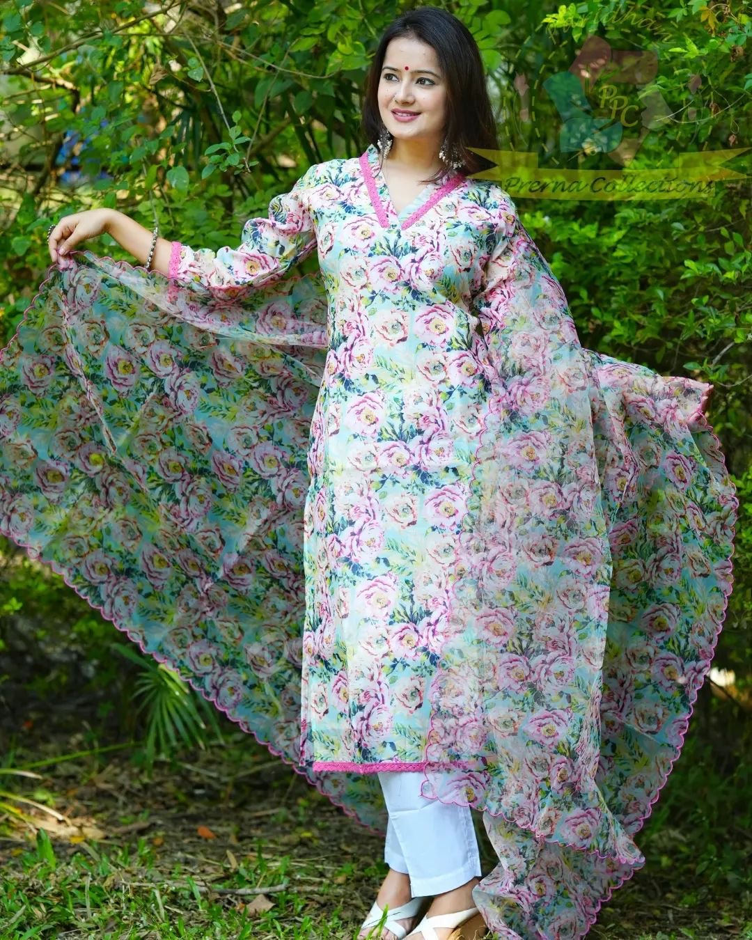 Chanderi Digital Print Kurti Pant Dupatta Set with Cotton Lining and Organza Dupatta – Sizes 40 to 44