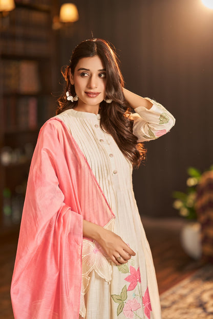 Mul Chanderi Anarkali Kurta Pant Dupatta Set with Elegant Detailing Work for Women