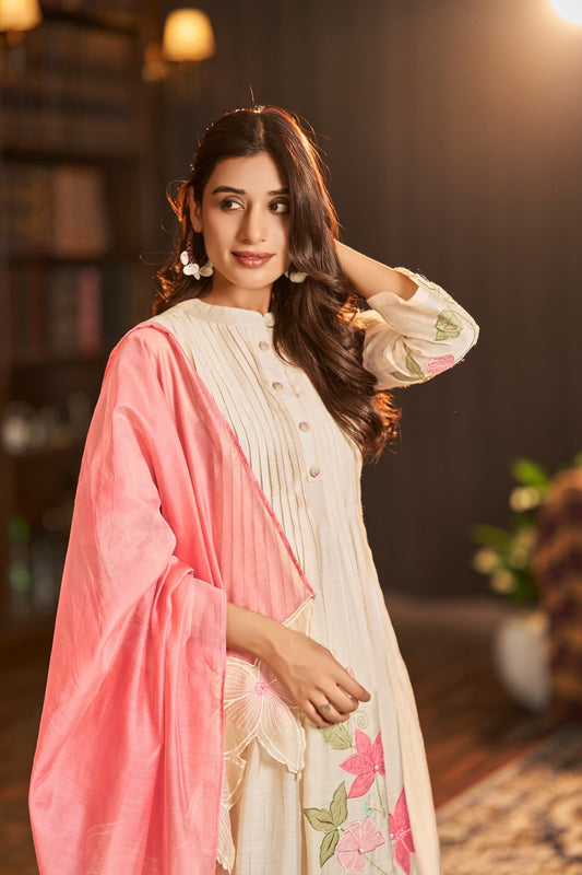 Mul Chanderi Anarkali Kurta Pant Dupatta Set with Elegant Detailing Work for Women