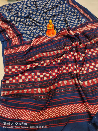 Semi Modal Silk Saree with Hand Block Prints and Contrast Blouse for Women