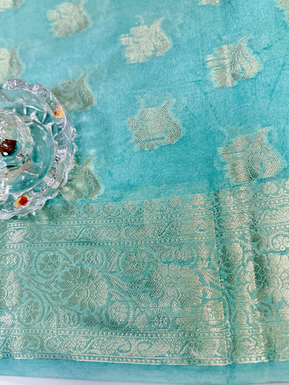 Semi Dupion Silk Saree with Zari Buta Motifs and Contrast Border for Women