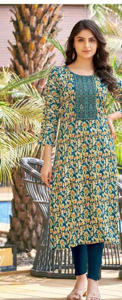 Heavy Rayon Foil Printed Kurti with Sequin Embroidery for Women – XL to 3XL