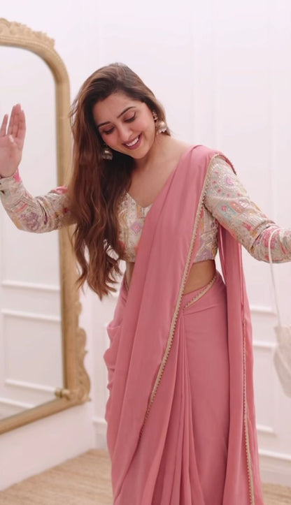 Women’s Georgette Saree with Lace Border and Heavy Embroidery Coding Work Designer Blouse