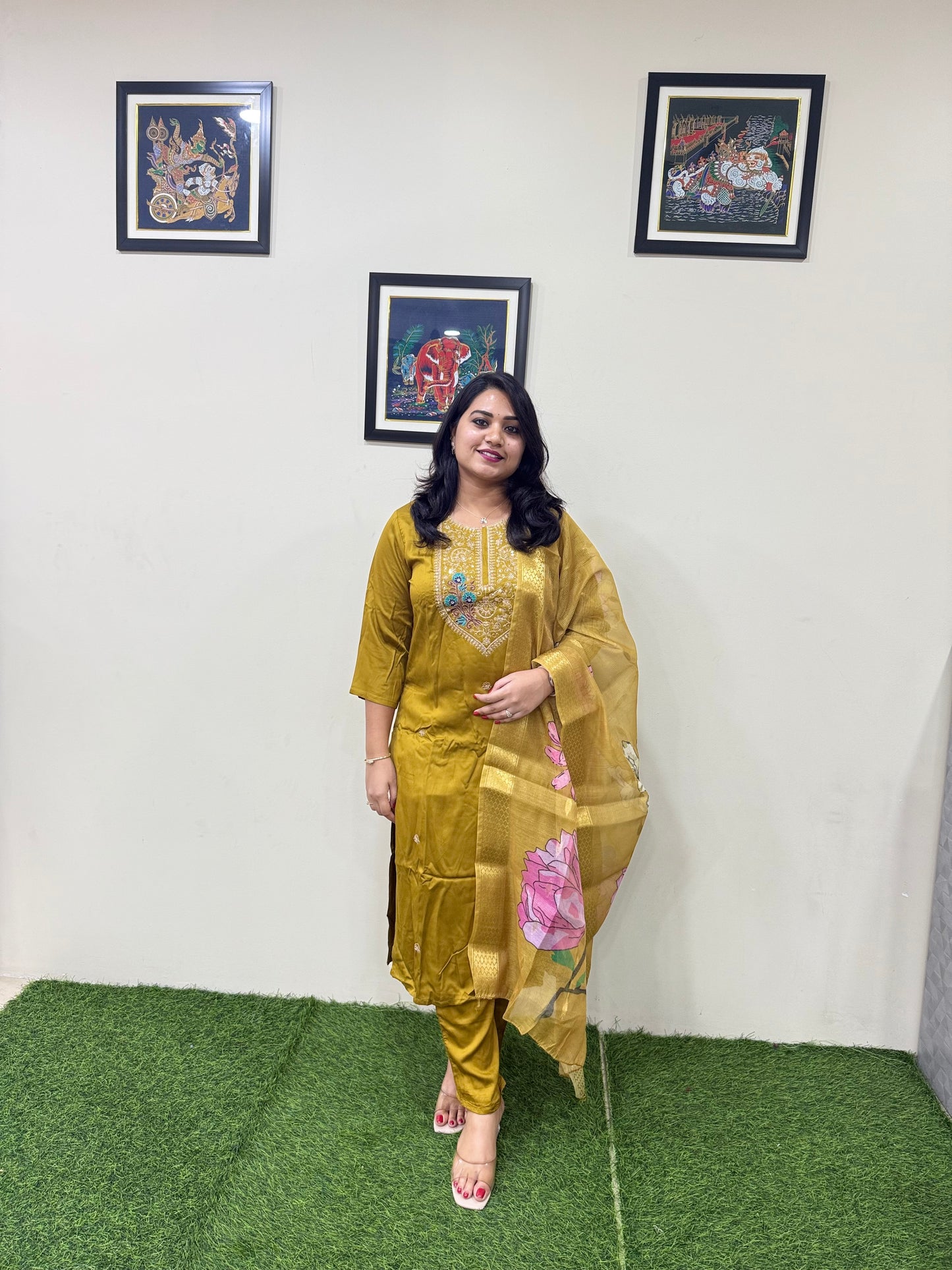 Gajji Silk Straight Suit Set with Embroidery and Organza Zari Dupatta for Women