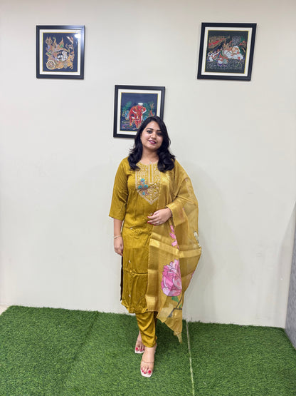 Gajji Silk Straight Suit Set with Embroidery and Organza Zari Dupatta for Women