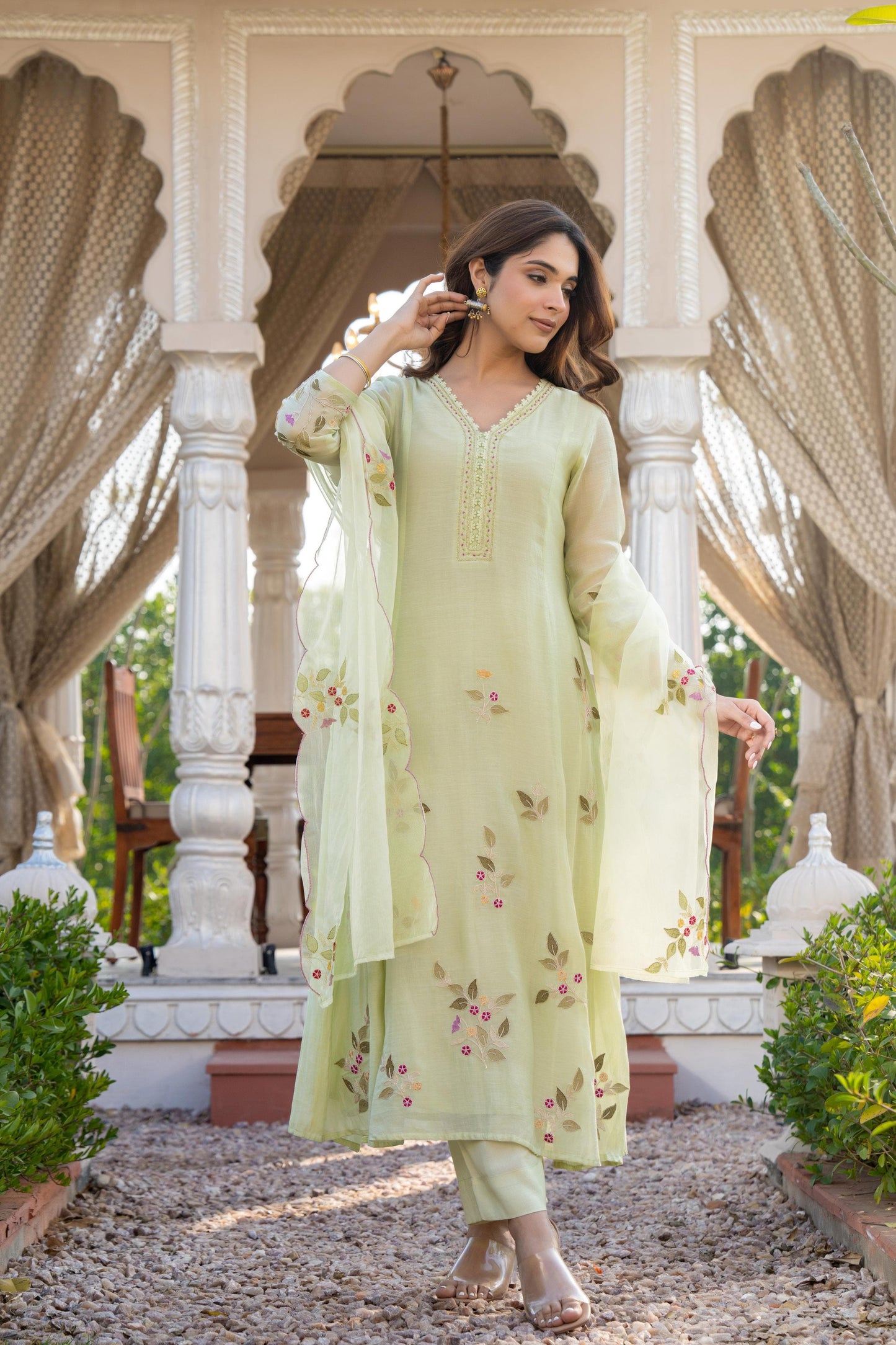 Mal Chanderi Anarkali Kurti Pant Set with Embroidery and Organza Scalloped Dupatta for Women