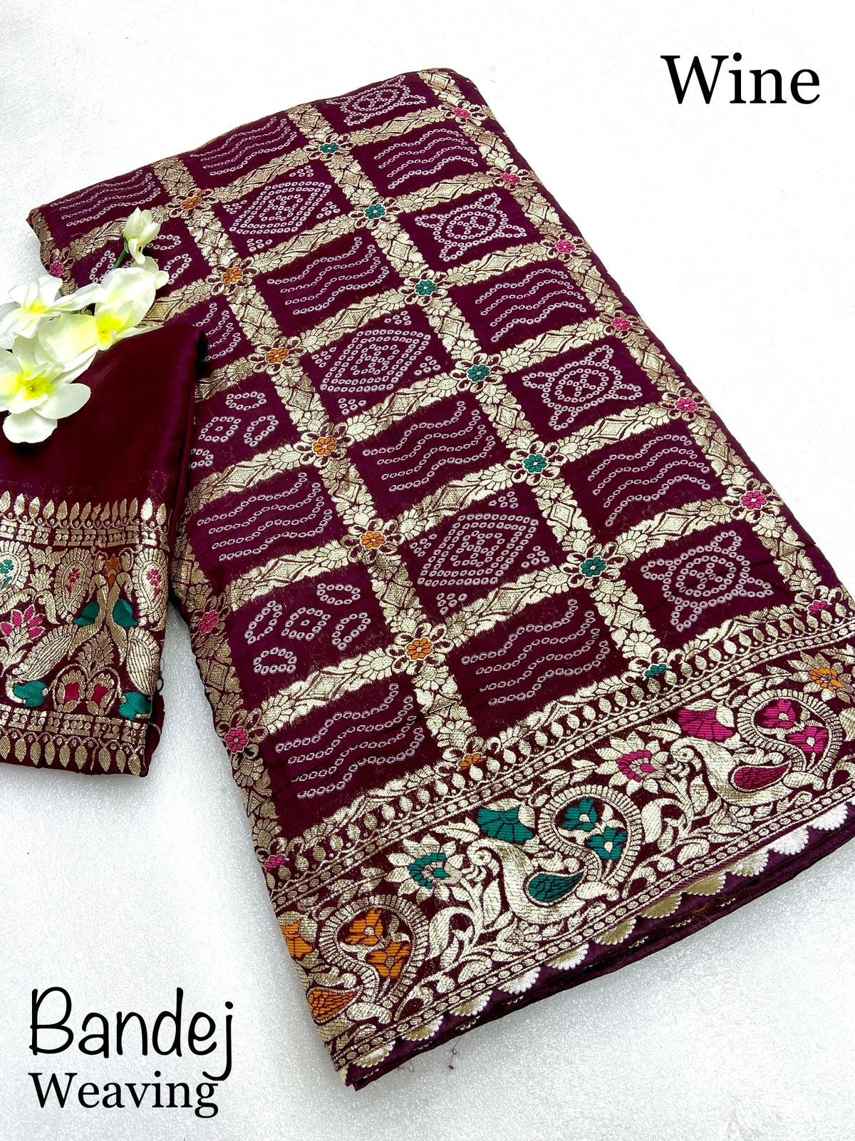 Viscose Silk Bandej Saree with Meenakari Weaving, Heavy Pallu and Lace Border – Festive Wear