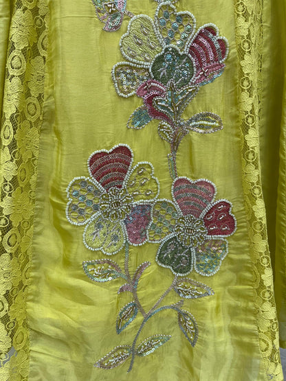 Glass organza and cotton schiffli kurta set with moti, sequence and cutdana work, cotton pant and chiffon dupatta – sizes 38–44