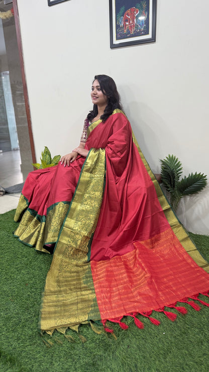 Kanjivaram Narayanpeth Silk Saree with Mor Designer Border and Contrast Pallu – With Blouse Piece