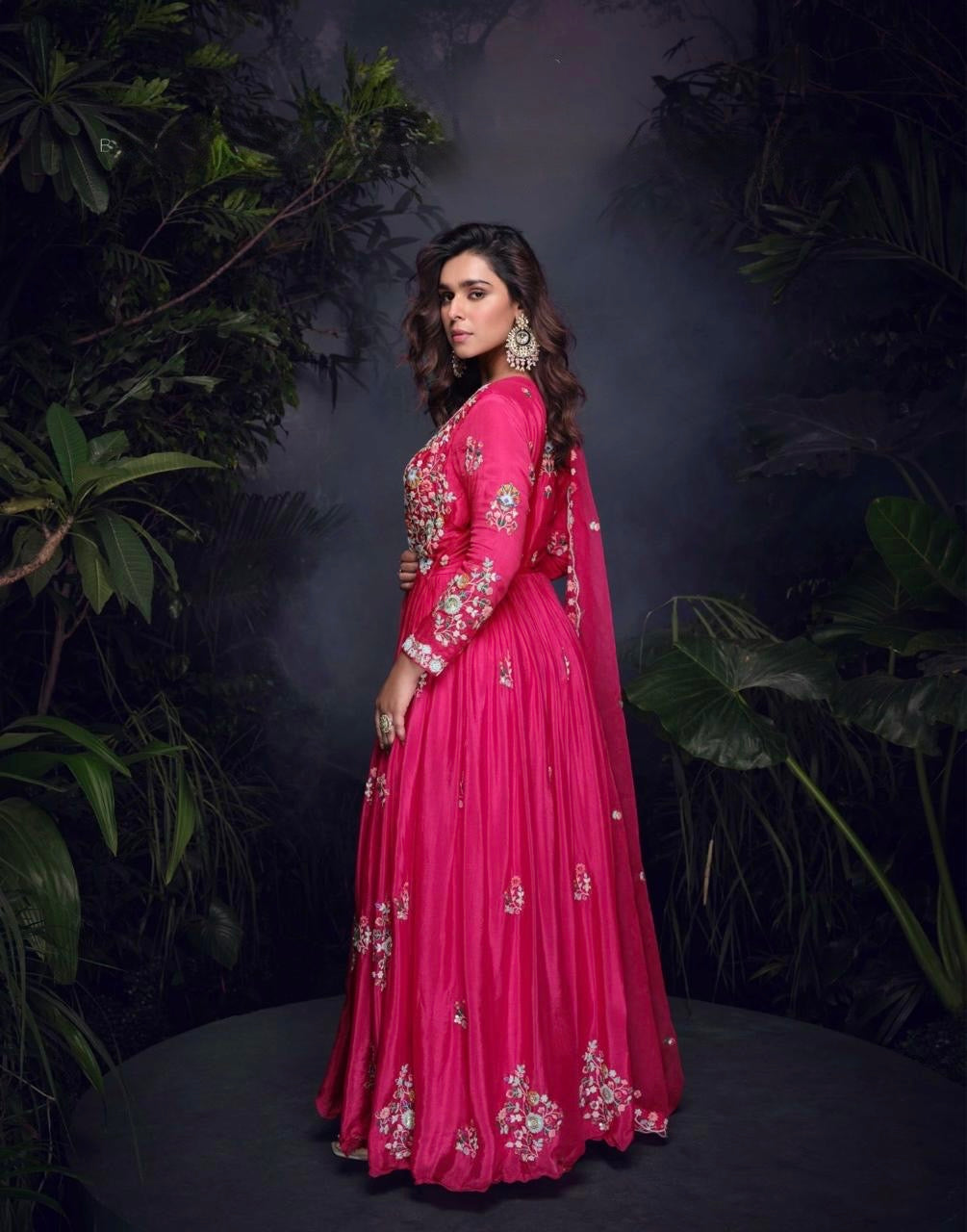 Real Chinon Silk Embroidered Gown Set with Embroidered Organza Dupatta – Free Size for Women