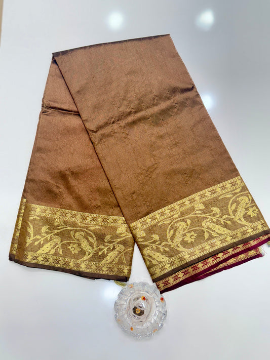 Semi Raw Silk Saree with Zari Hand Border, Heavy Jamdani Pallu and Contrast Blouse