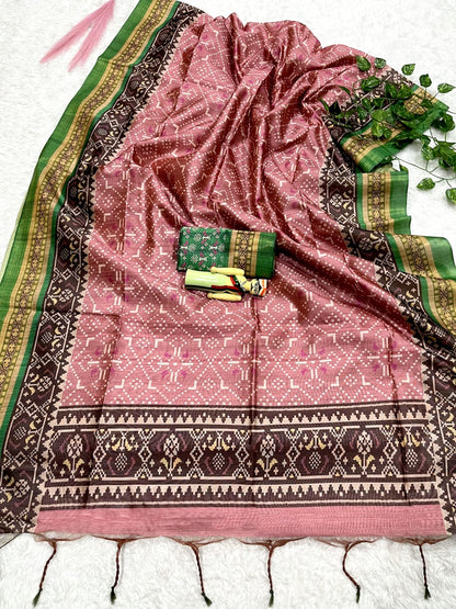 Soft Raw Silk Ikat Print Saree with Tassel Border and Contrast Blouse Piece