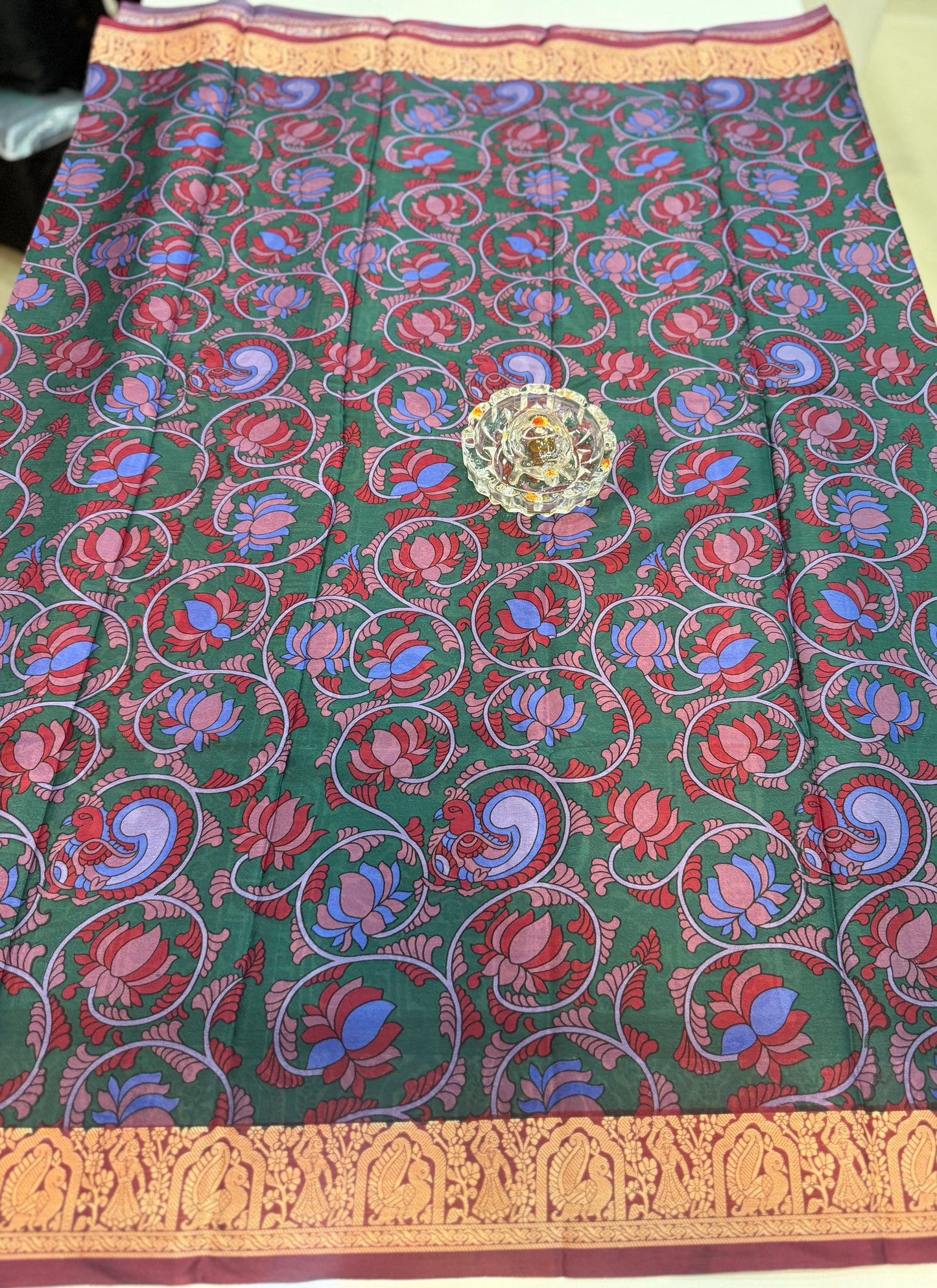 Pure Crepe Mysore Silk Saree for Women – Kalamkari Print with Kathan Border, 75 Gram, Silk Mark Certified