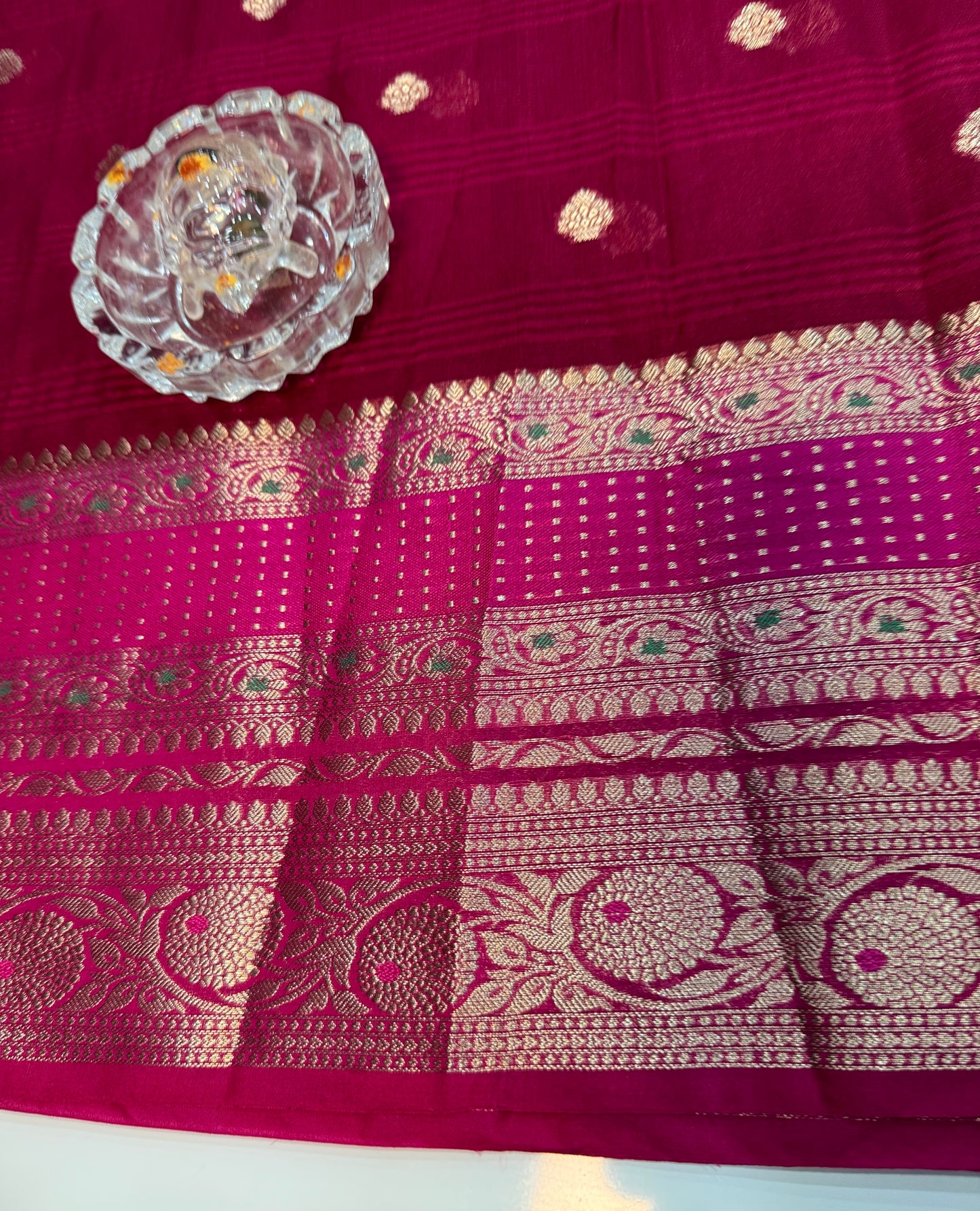 Banarasi semi georgette silk saree with gold zari weaving, meenakari big border and buti design for women