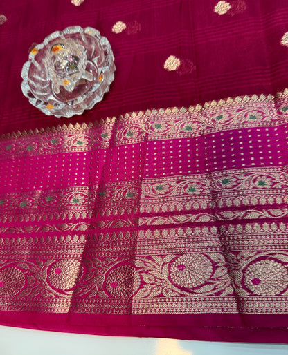 Banarasi semi georgette silk saree with gold zari weaving, meenakari big border and buti design for women