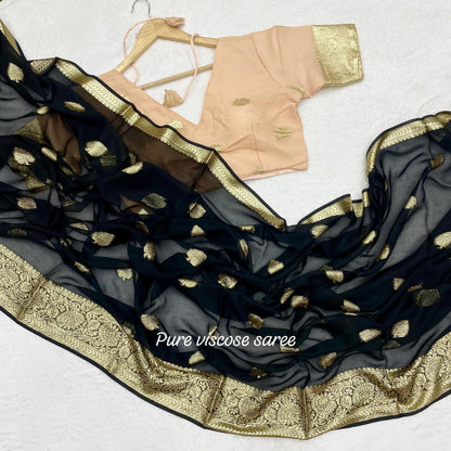 Women’s Pure Viscose Georgette Saree with Leaf Zari Design and Contrast Running Blouse