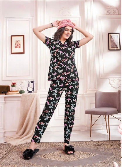 Printed Sinker Fabric Collar Night Suit Set – Women’s Loungewear & Nightwear (M to 2XL)
