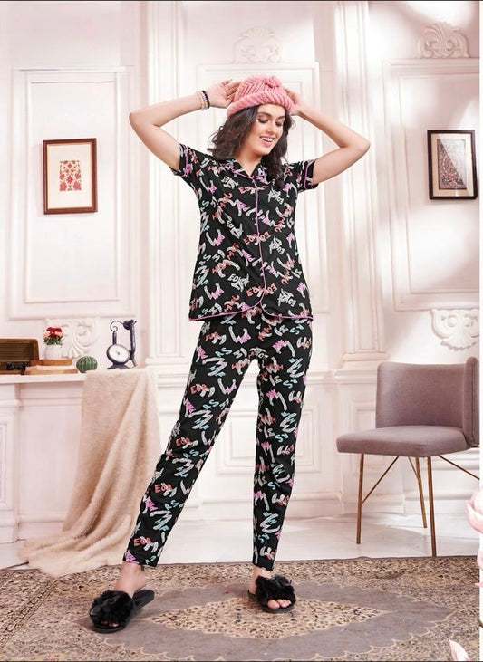 Printed Sinker Fabric Collar Night Suit Set – Women’s Loungewear & Nightwear (M to 2XL)