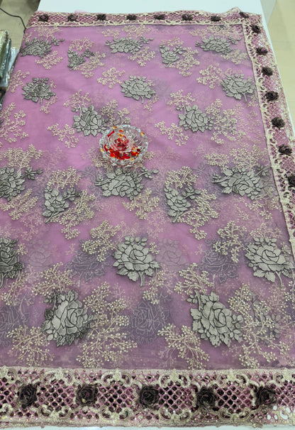 Lilac Sequin Embroidered Saree for Women – Fancy Designer Fabric with Floral Lace Border