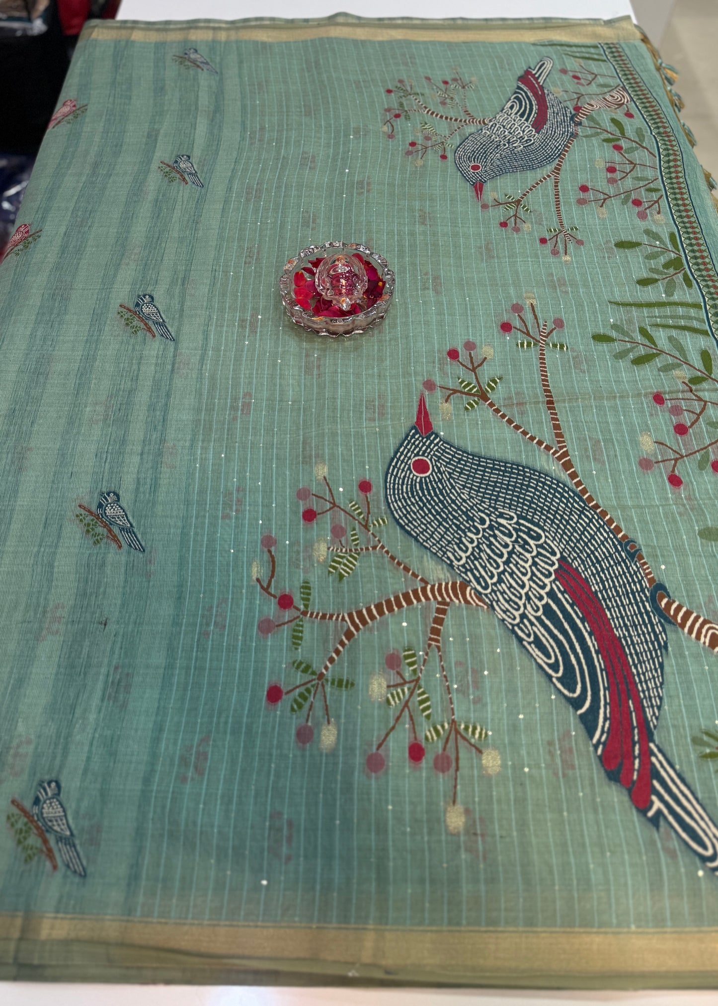 Ghicha cotton saree with bird motif pallu and tassel border, printed cotton saree for women