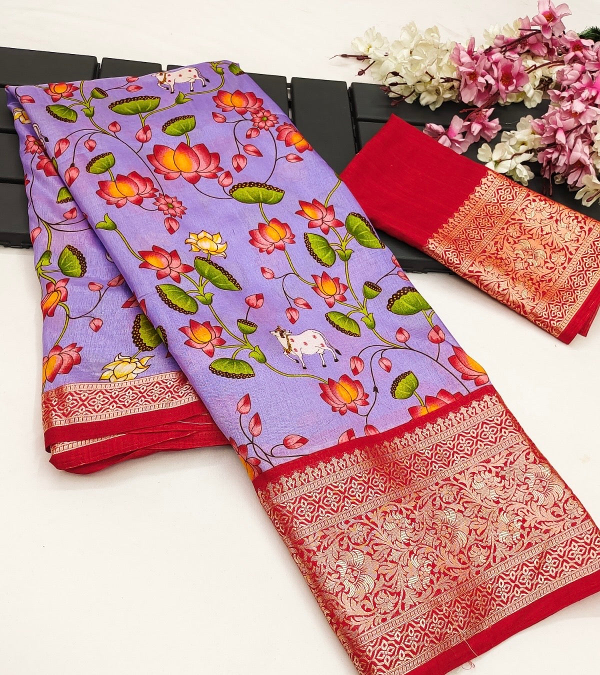 Kalamkari digital print Viscose Saree with weaving zari and gold viscose border.