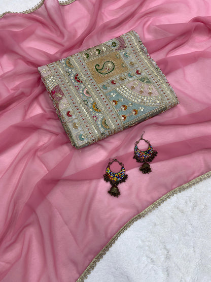 Women’s Georgette Saree with Lace Border and Heavy Embroidery Coding Work Designer Blouse