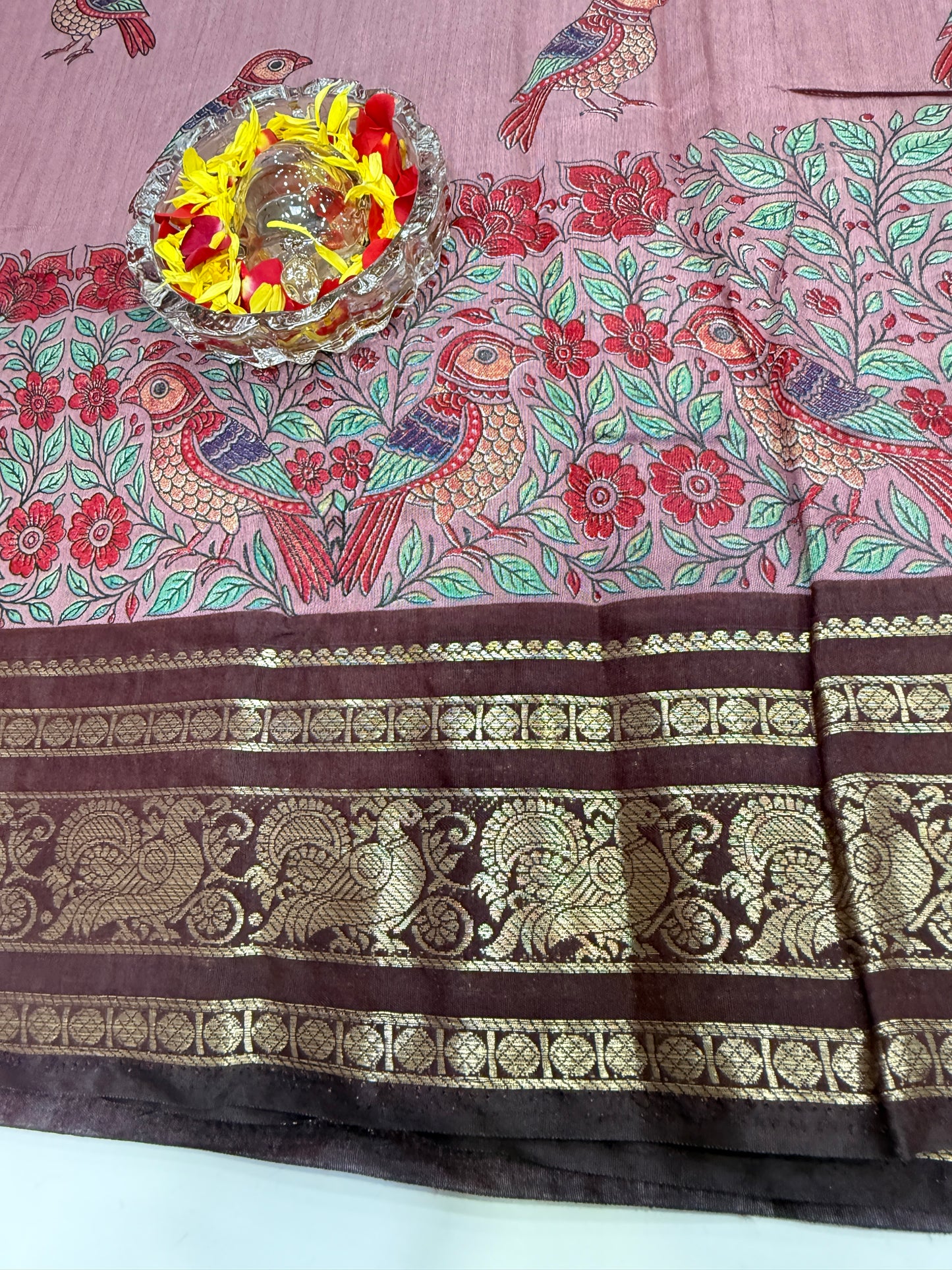 Venkatagiri style silk-blend printed saree with bird motifs and zari-style border, 6.3m women’s festive saree