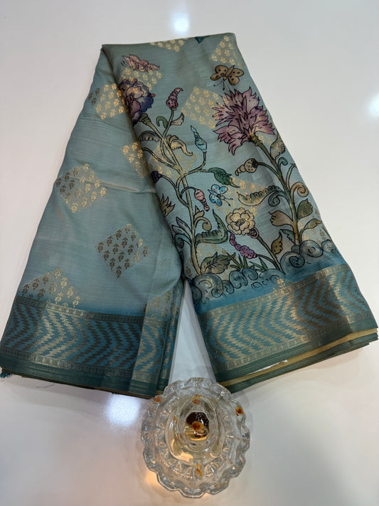 Bamboo Silk Floral Printed Saree with Rich Decorative Pallu, Rich Floral Kalamkari Style Prints