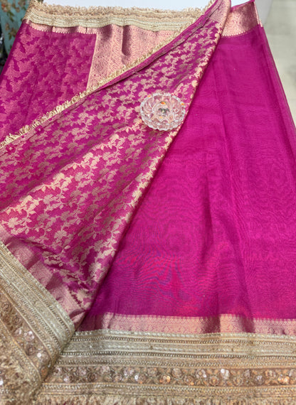 Women’s Banarasi katan tissue silk saree with heavy lace border and rich pallu, pink and gold