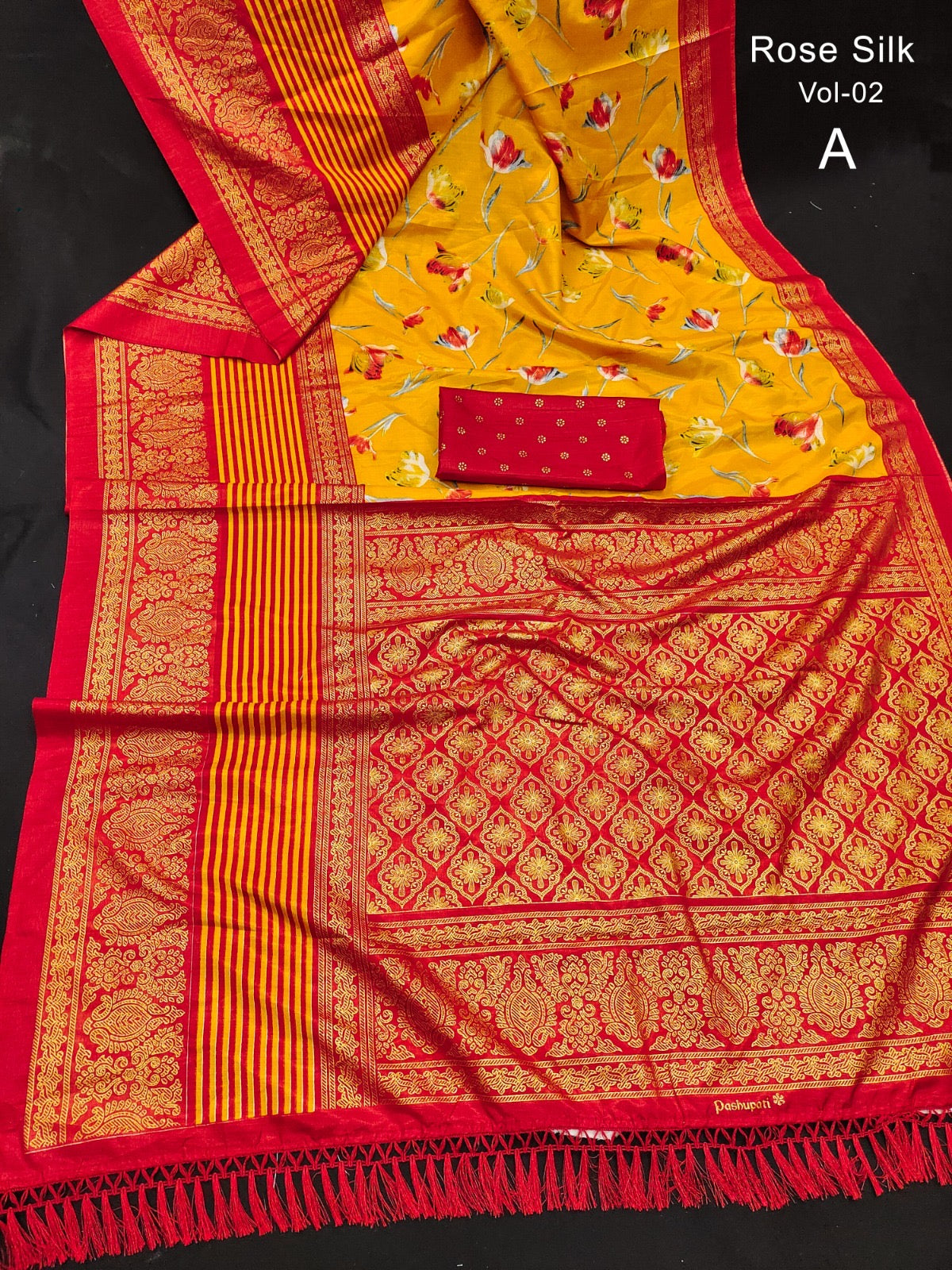 Dola Silk Saree with Kalamkari Patola Digital Print and Gold Zari Foil Border