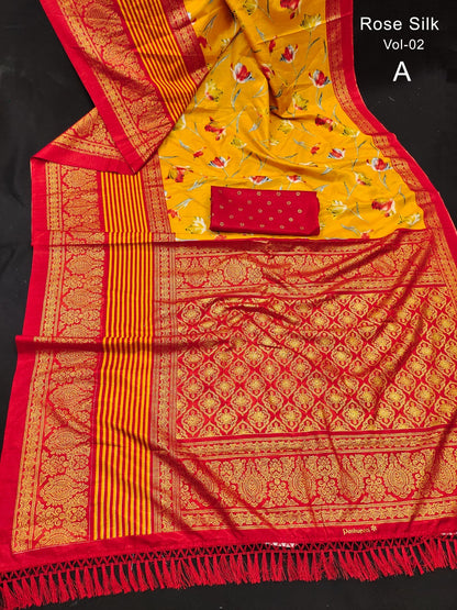 Dola Silk Saree with Kalamkari Patola Digital Print and Gold Zari Foil Border