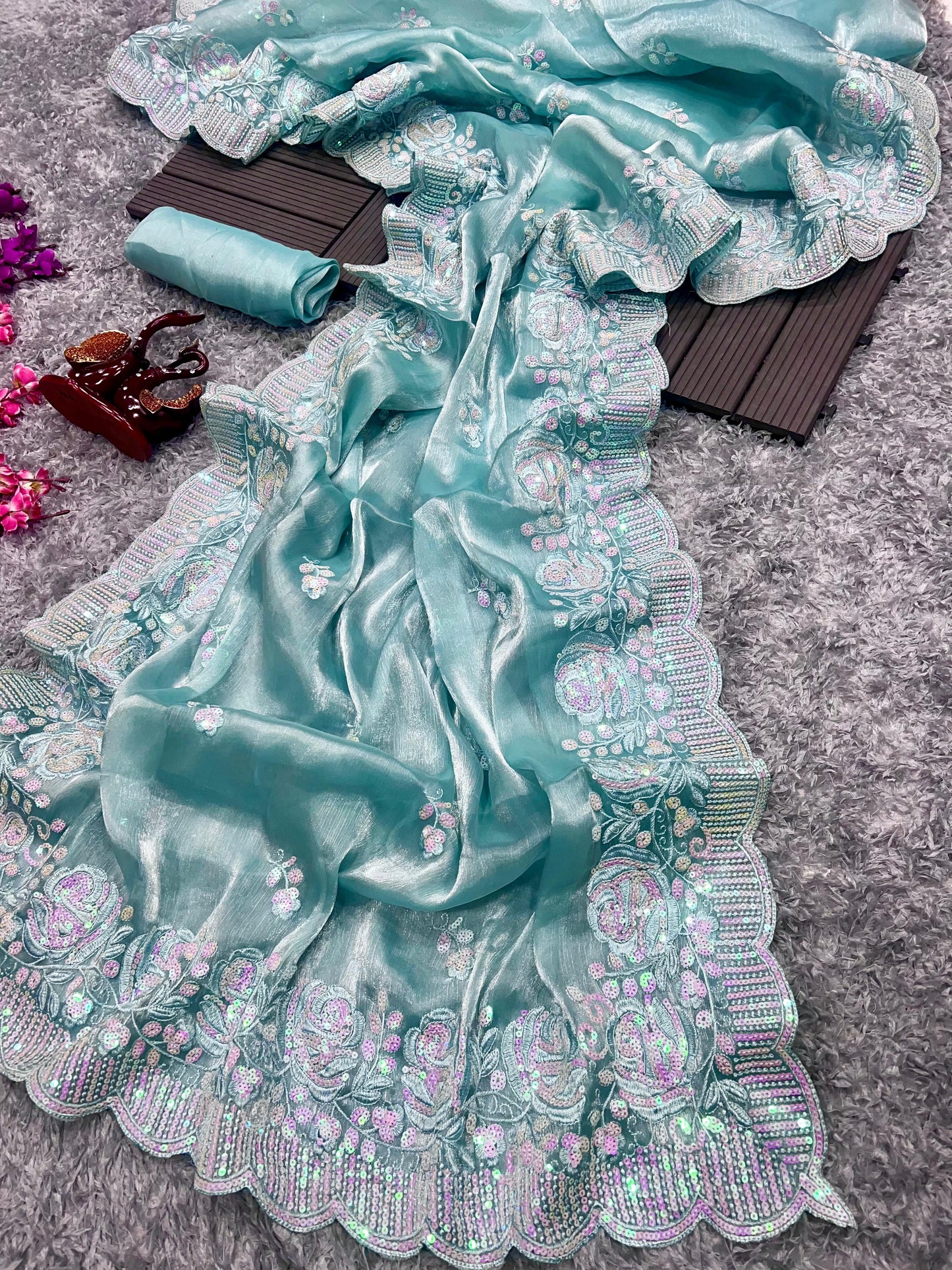 Heavy Berberry Silk Saree with Multicolored Thread and Sequin Embroidery – Festive and Wedding Wear