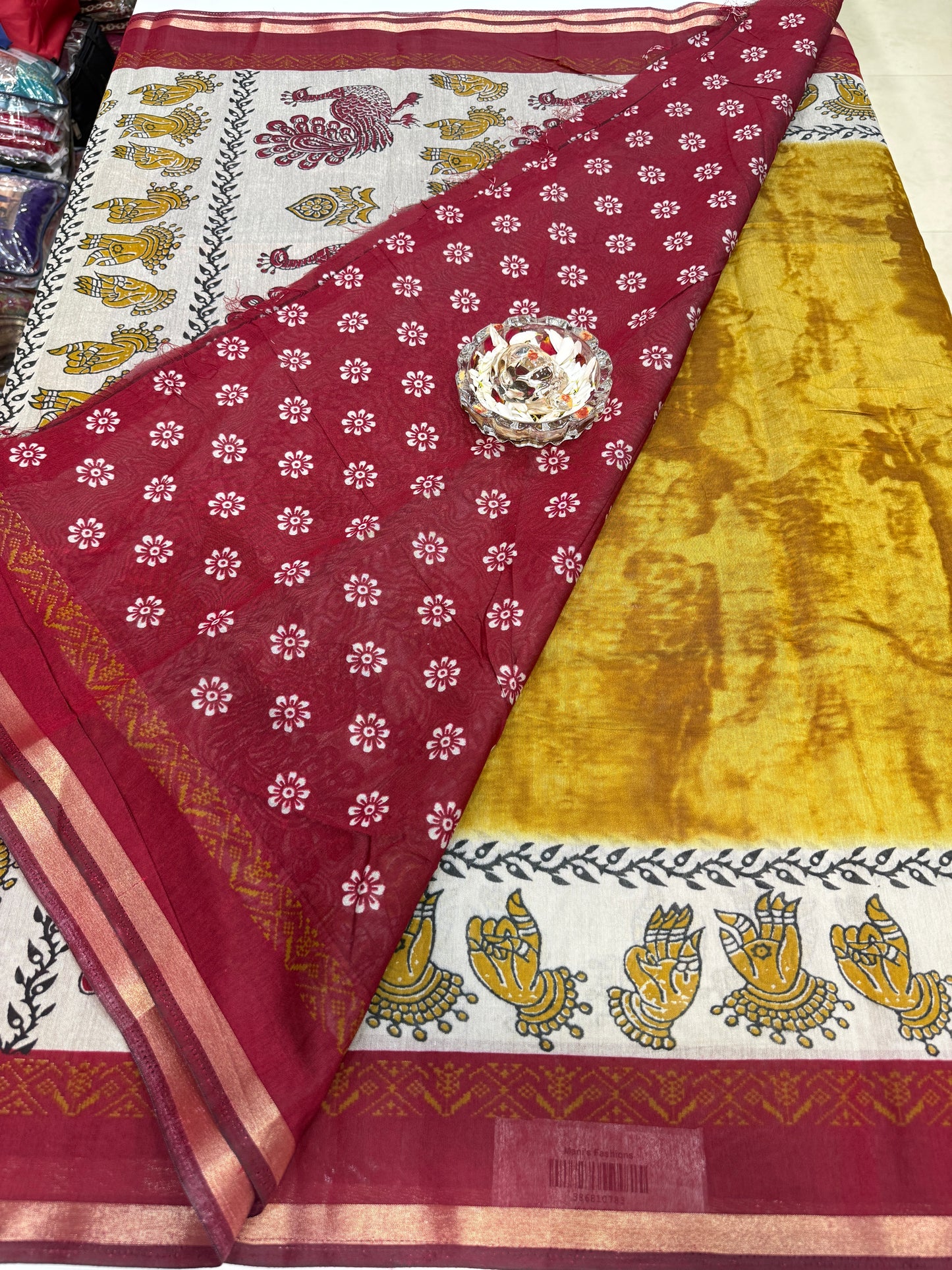 Silk blend printed saree with contrast border and pallu print, 6.3m with running blouse, 6 color options