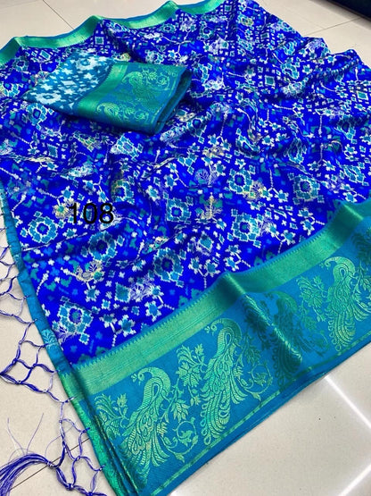 Semi Raw Silk Jacquard Saree with Silver and Gold Zari Butti Weaving – Contrast Ikkat Blouse