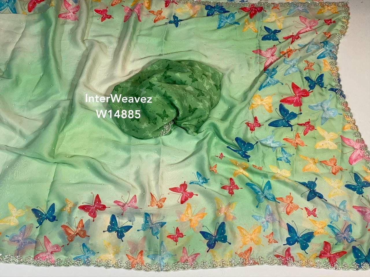 Pure Soft Georgette Silk Saree with Digital Butterfly Print, Cutdana and Moti Work – Women’s Festive Wear