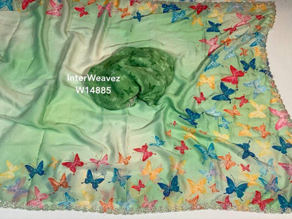 Pure Soft Georgette Silk Saree with Digital Butterfly Print, Cutdana and Moti Work – Women’s Festive Wear