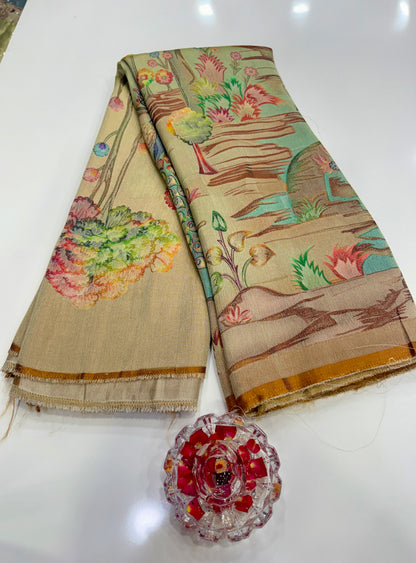 Pure Ziraf Silk Peacock Print Saree with Colorful Nature Motifs and Geometric Border – Soft Silk Printed Saree for Women