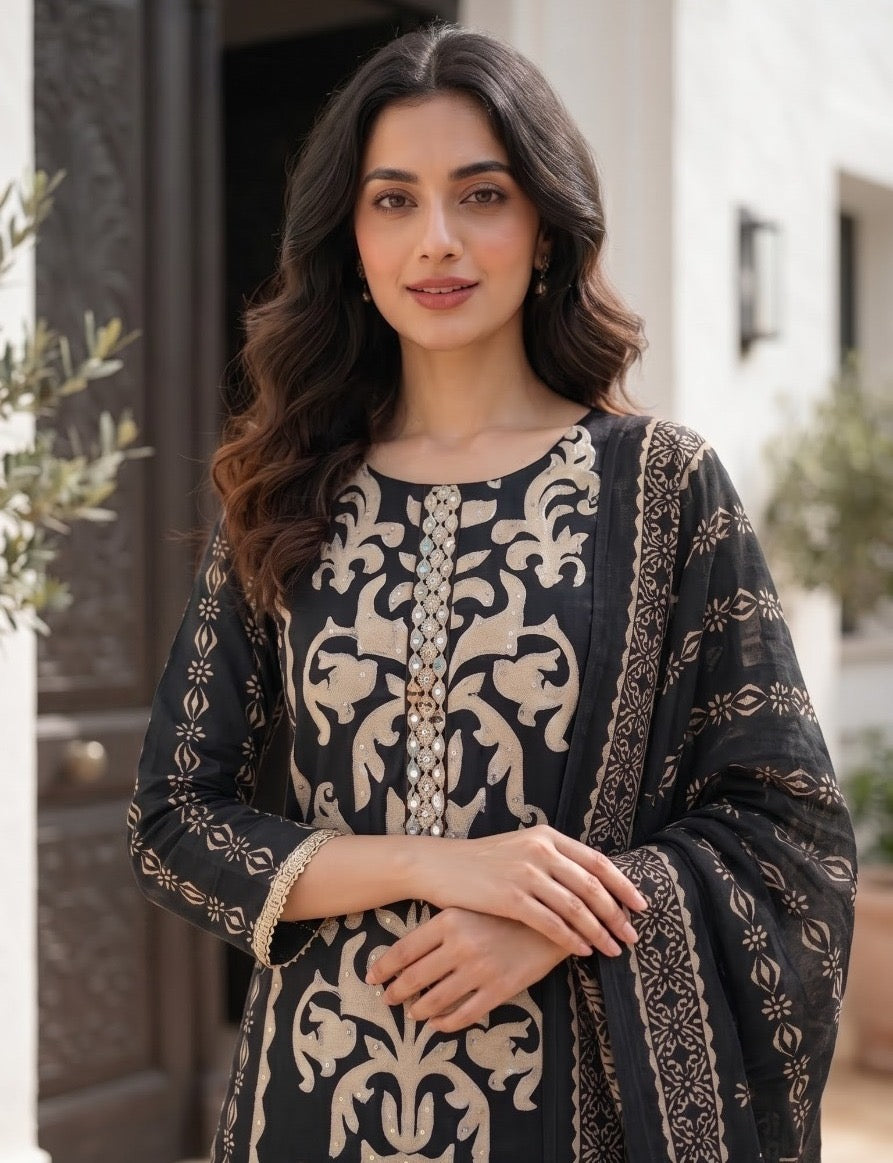 Printed Viscose Blend Kurta Pant Dupatta Set for Women with Lining and Sequin Highlights, Black