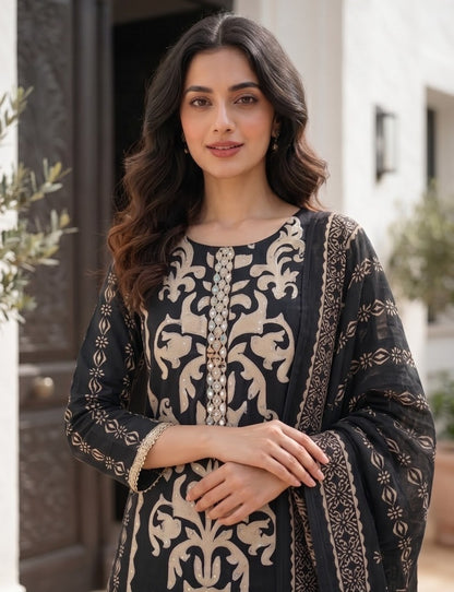 Printed Viscose Blend Kurta Pant Dupatta Set for Women with Lining and Sequin Highlights, Black