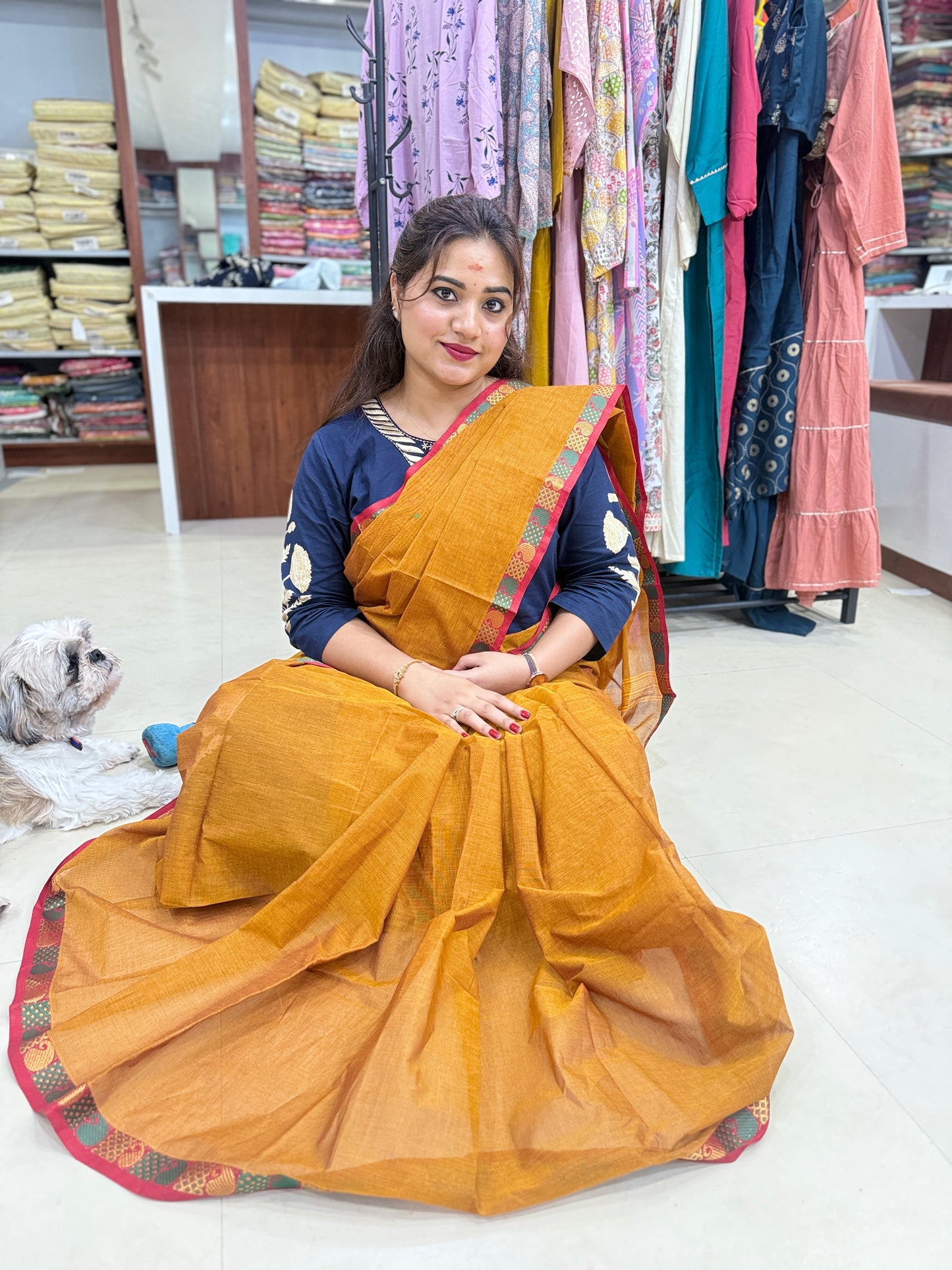 Kanchi cotton saree with all over small butti and zari thread border, 6.2m with running blouse, women’s traditional saree