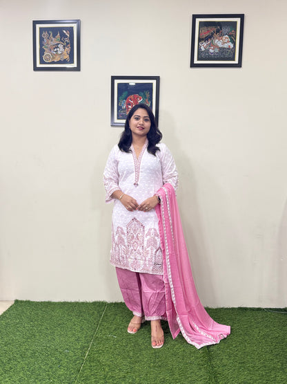 Cotton Dobby Kurti Afghani Pant Dupatta Set with Thread Mirror Work and Chiffon Dupatta for Women